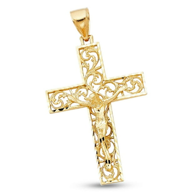 Gemapex Big Cross Pendant Solid 14k Yellow Gold Heavy Crucifix Charm Diamond Cut Genuine 51 X 36 Mm Com - Large Gold Cross Pendant