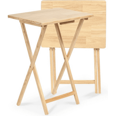 Rectangle Folding Portable TV Snack Serving Tray Table, Solid Wood Construction with Natural Finish, Natural, 2 Piece Set