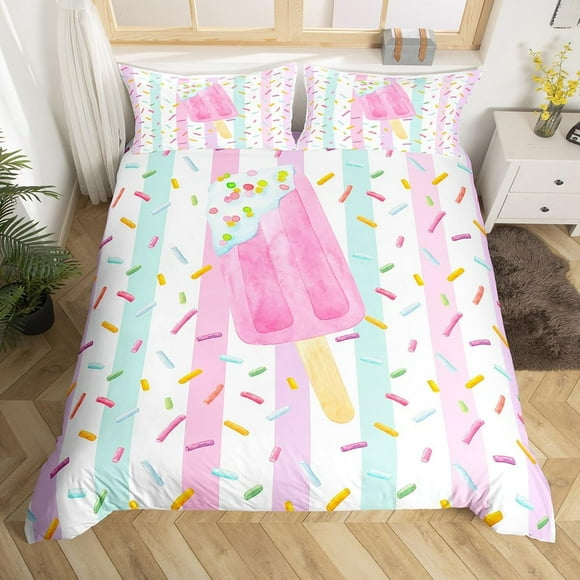 AIR-Girls Popsicle Bedding Set,Colorful Stripes Duvet Cover for Teens,Kids Rainbow Candy Comforter Cover Decorative Room,Children Summer Dessert Quilt Cover with 2 Pillowcases,Full Size