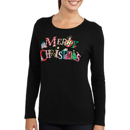 Women's Long Sleeve Graphic Christmas Tee - Walmart.com