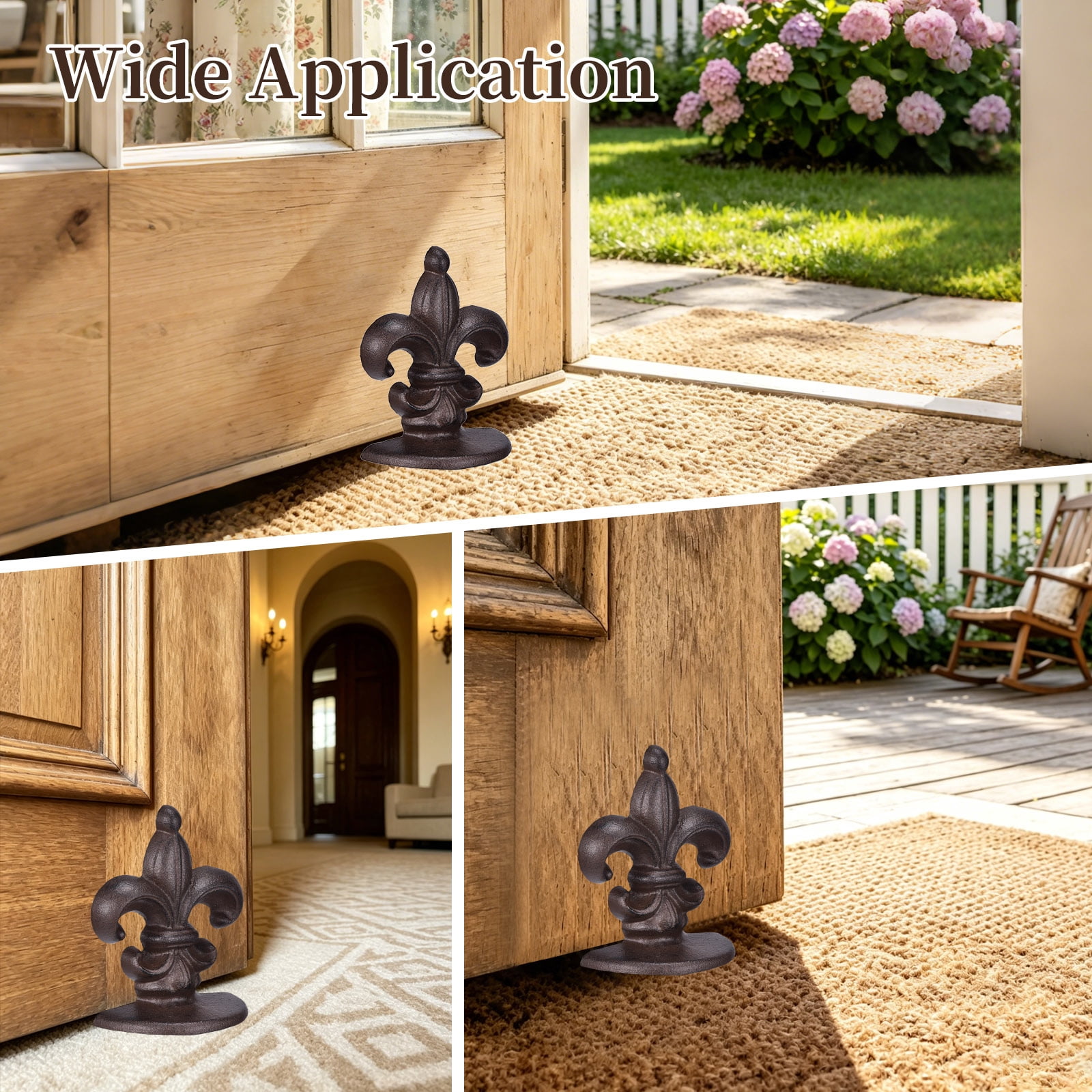 Uxcell 2 Pack Cast Iron Door Stopper, Door Stop Wedge, French Lily Metal Doorstops, Decorative Cast Iron Floor Doorstop for Home Office Kitchen Bathroom, Dark Brown
