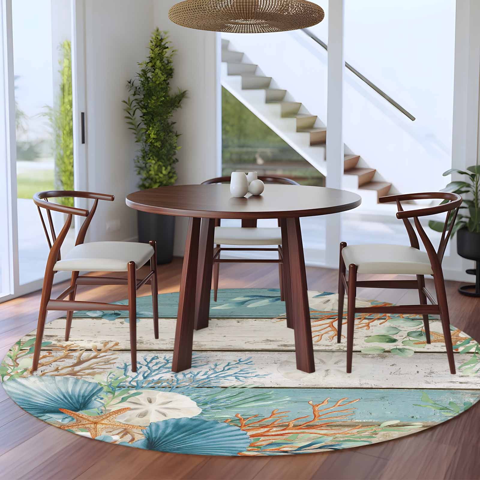 Round Area Rugs Collection 6 Ft, Teal Brown Beach Coastal Non-Slip Residential Carpet, Summer Nautical Coral Shell Botanical Vintage Indoor Crawling Mats Runner Rugs for Living Room/Bedroom