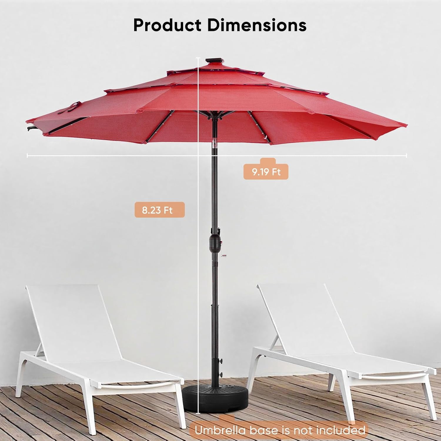 9.2' Outdoor Patio Umbrella with LED Lights, Umbrella with 8 Sturdy Ribs for Outdoor Table, Yard, Market, Push Button Tilt and Crank, Red