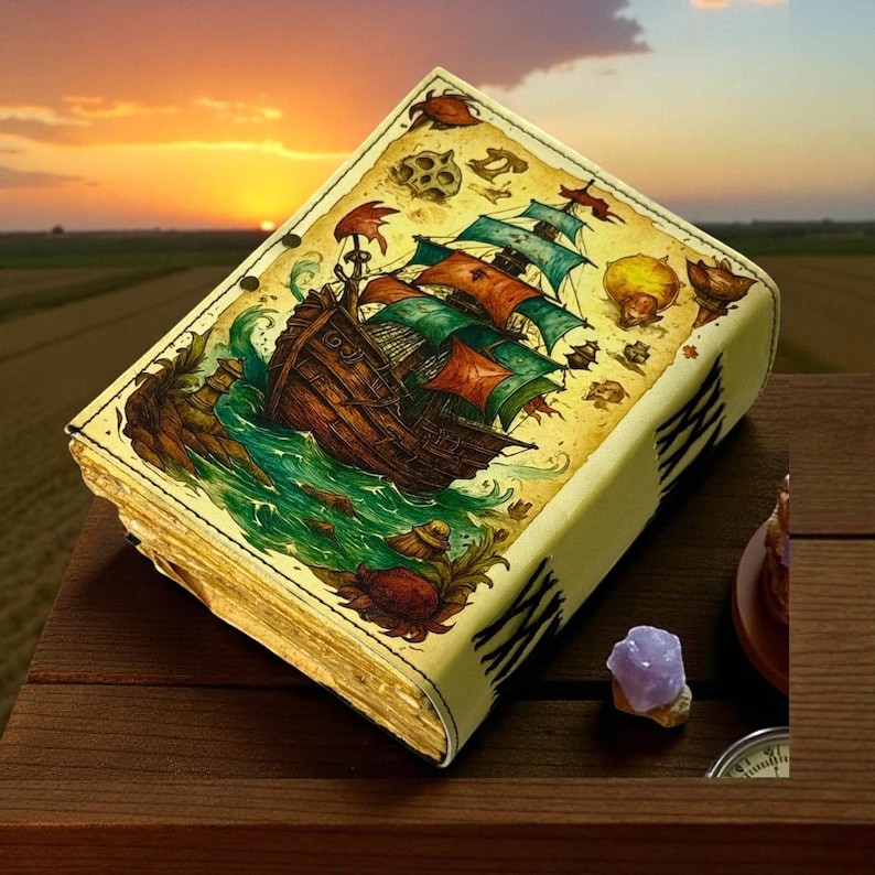 Handmade Leather Journal with Vintage Ship Artwork – 5x7 Inch Writing Notebook, 200 Handmade Deckle Pages, Antique-Style Lock, Travel Diary & Gift