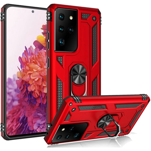 Finger Loop Armor Hybrid Case with 360° Rotating Ring Holder Kickstand for Samsung Galaxy S21 Ultra 5G - Red