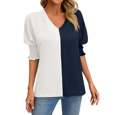 OJSFQUFP Plus Size Gym Clothes for Women Blue Women Summer Fashion Casual V Neck Loose Bat Sleeve Color Matching Top T Shirt Oversized T Shirts Casual Baggy Tshirts M