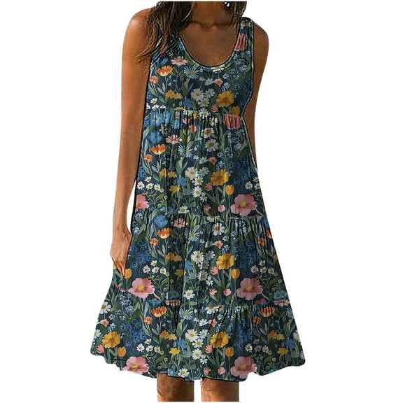 Giftesty Summer Dresses for Women Womens Fashion Holiday Summer Casual Printing Sleeveless Party Beach Loose Dress
