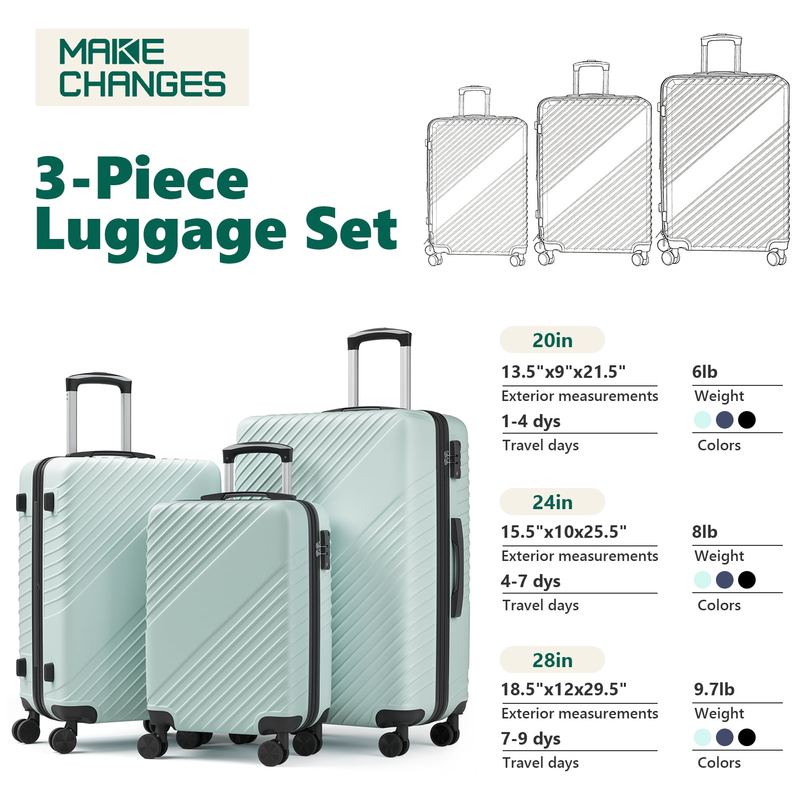 3-Piece Luggage Set - Carry-On & Large& Medium Checked Luggage with Dual Spinner Wheels - Durable Polypropylene Hardshell - TSA Lock, Airline-Approved - Expandable Hard Shell(Green)