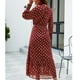 thumbnail image 4 of Vestido de mujer con cinturón y puños fruncidos, manga acampanada, dobladillo con volantes, cuello recortado, vestido estampado de puntos, rojo vino M, 4 of 6