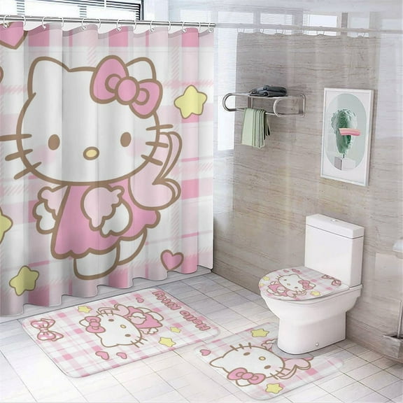 4 Piece Shower Curtain Set with Rugs Hello Kitty Shower Curtain Bathroom Sets Decor Waterproof