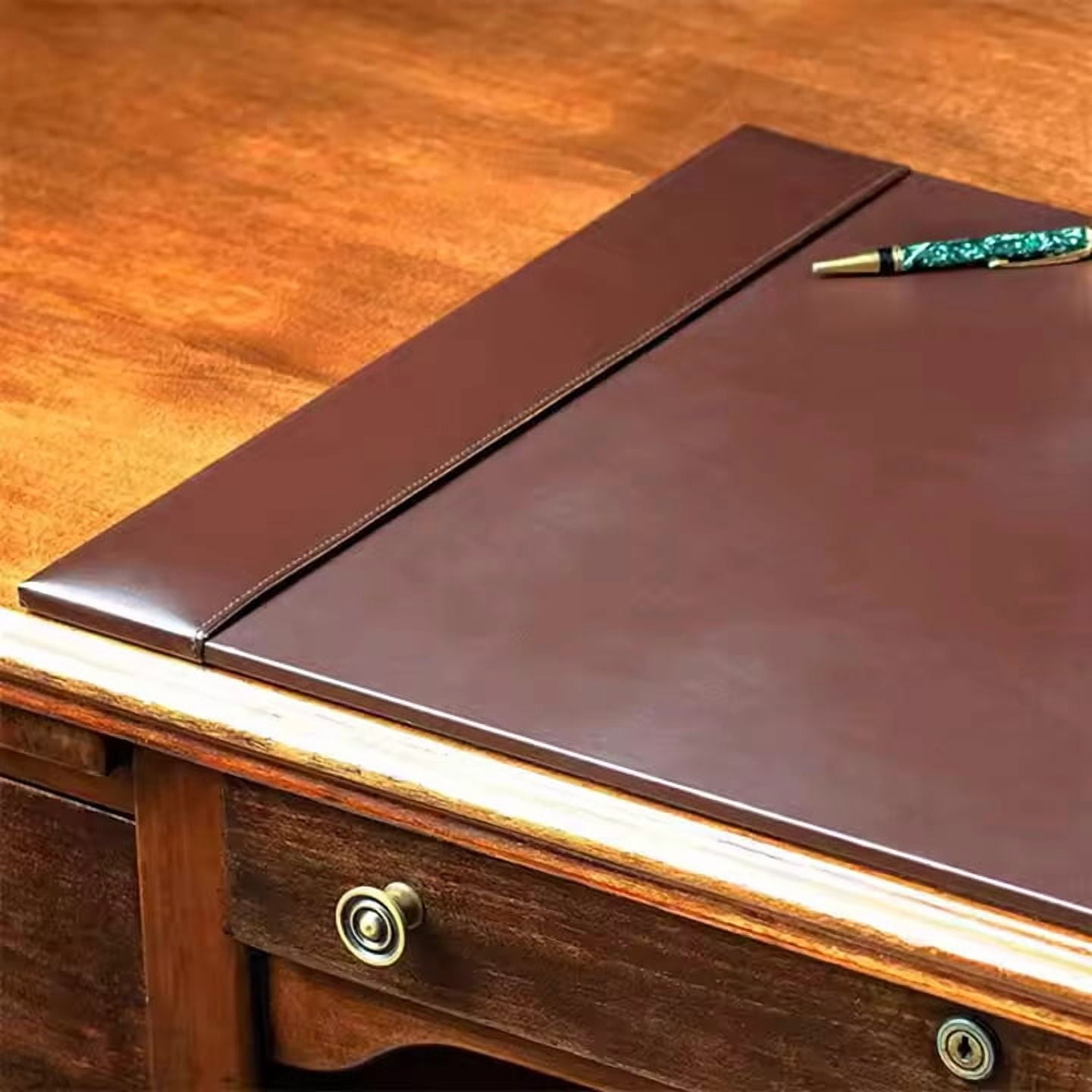 Office Leather Desk Mat – Premium Brown Desk Pad with Raised Edge Stitching, Professional Structured Writing Surface, and Non-Slip Base – Corporate Executive Desk Protector for VIPs – Silver Meadow