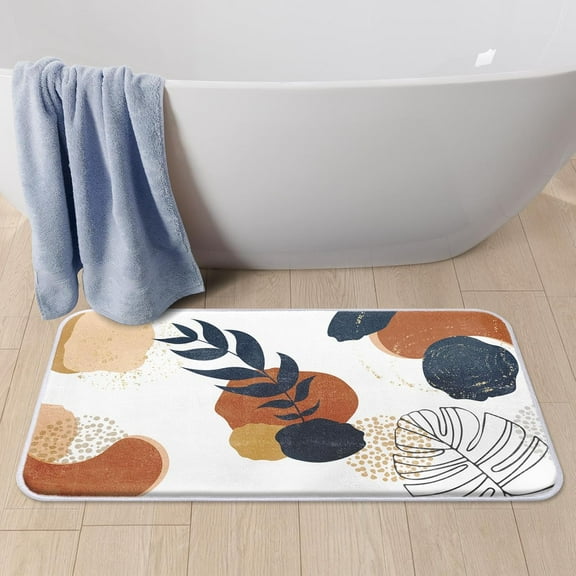 Bath Mat for Bathroom Boho Plant Green Brown Shaggy Bathroom Mat Non Silp Water Absorbent Bath Rug Soft Washable Floor Rug Round Lines Leaf for Tub Showers Laundry Room Decor