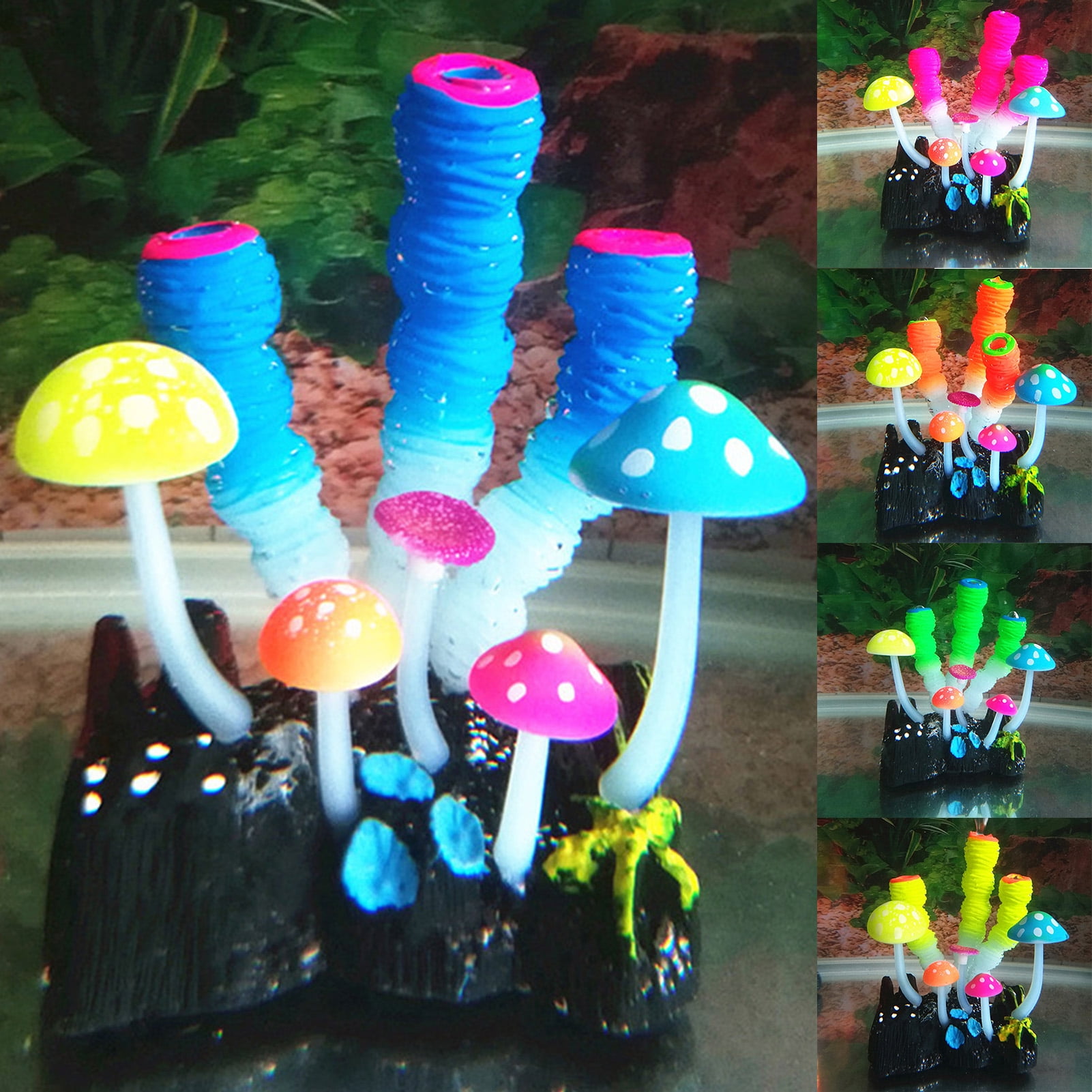 Ludlz Aquarium Decorations, Glowing Coral Plant Ornaments for Betta Fish Tank Decorations, Glow Mushroom Decor
