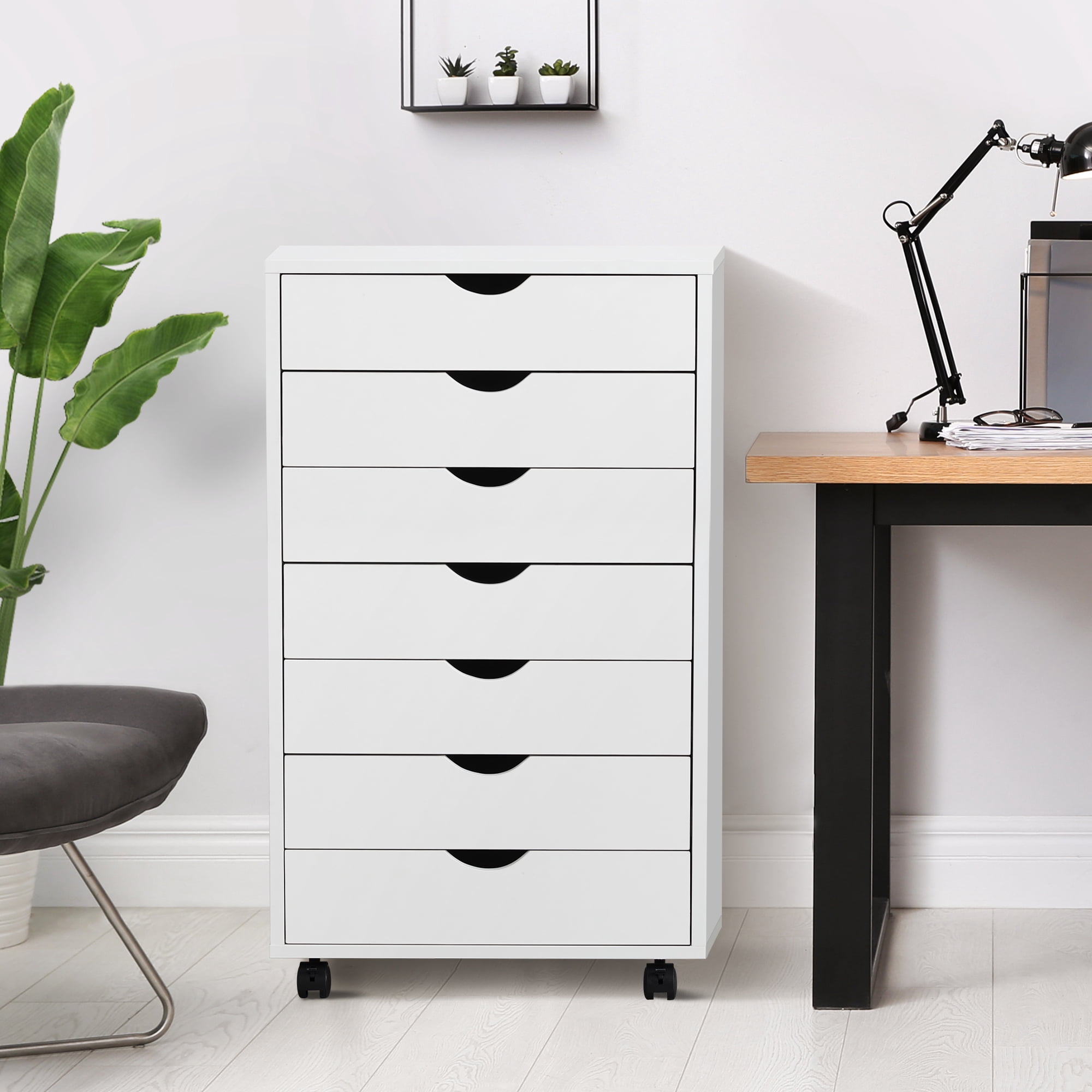 EDX 7 Drawer Chest File Cabinet, Mobile Storage Organizer Wood Dresser Printer Stand for Home Office, White