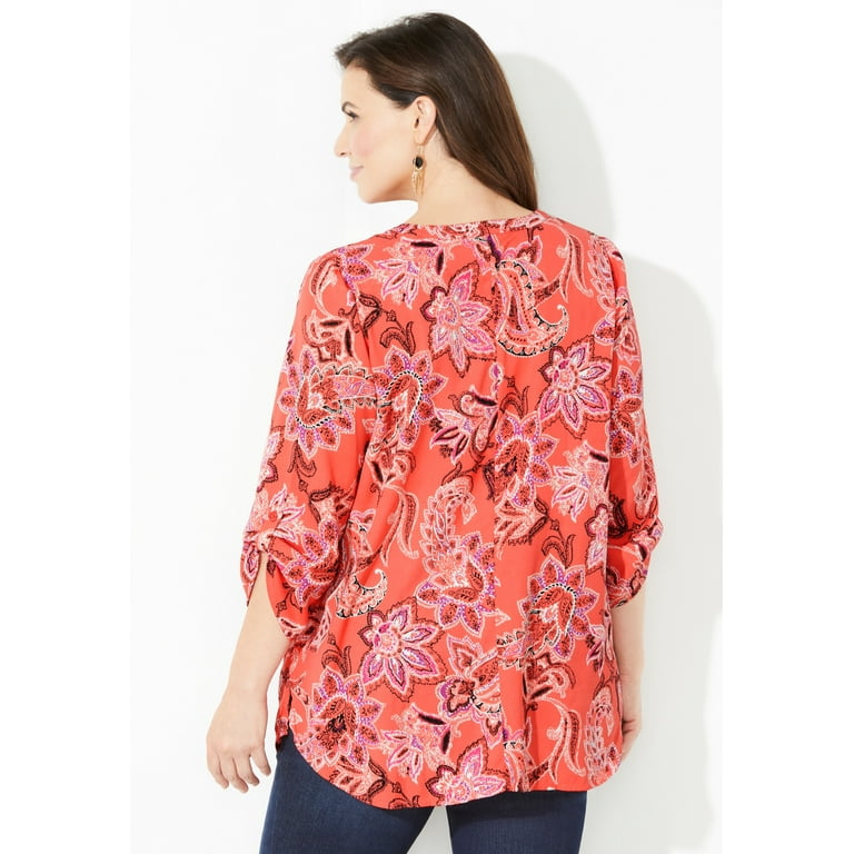 Catherines 3X Top 26-28 Floral Boho Paisley 3/4 Sleeve Plus Blouse NWOT