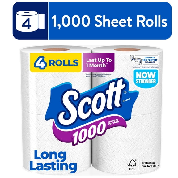 Scott 1000 Toilet Paper, 4 Rolls, 1,000 Sheets per Roll