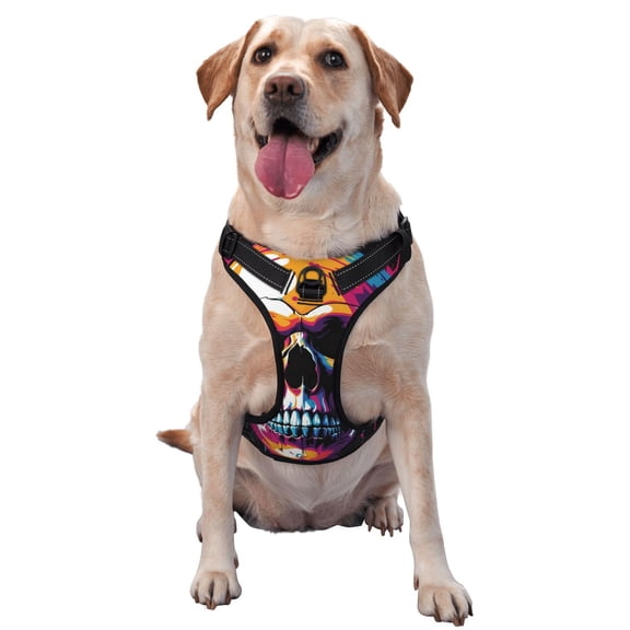 Vsdgher Colorful Skull Pattern Dog Harness,No Pull Pet Harness with Soft Padded Handle,Adjustable Reflective Vest with 2 Buckles,4 Slide Buckles,S-XL