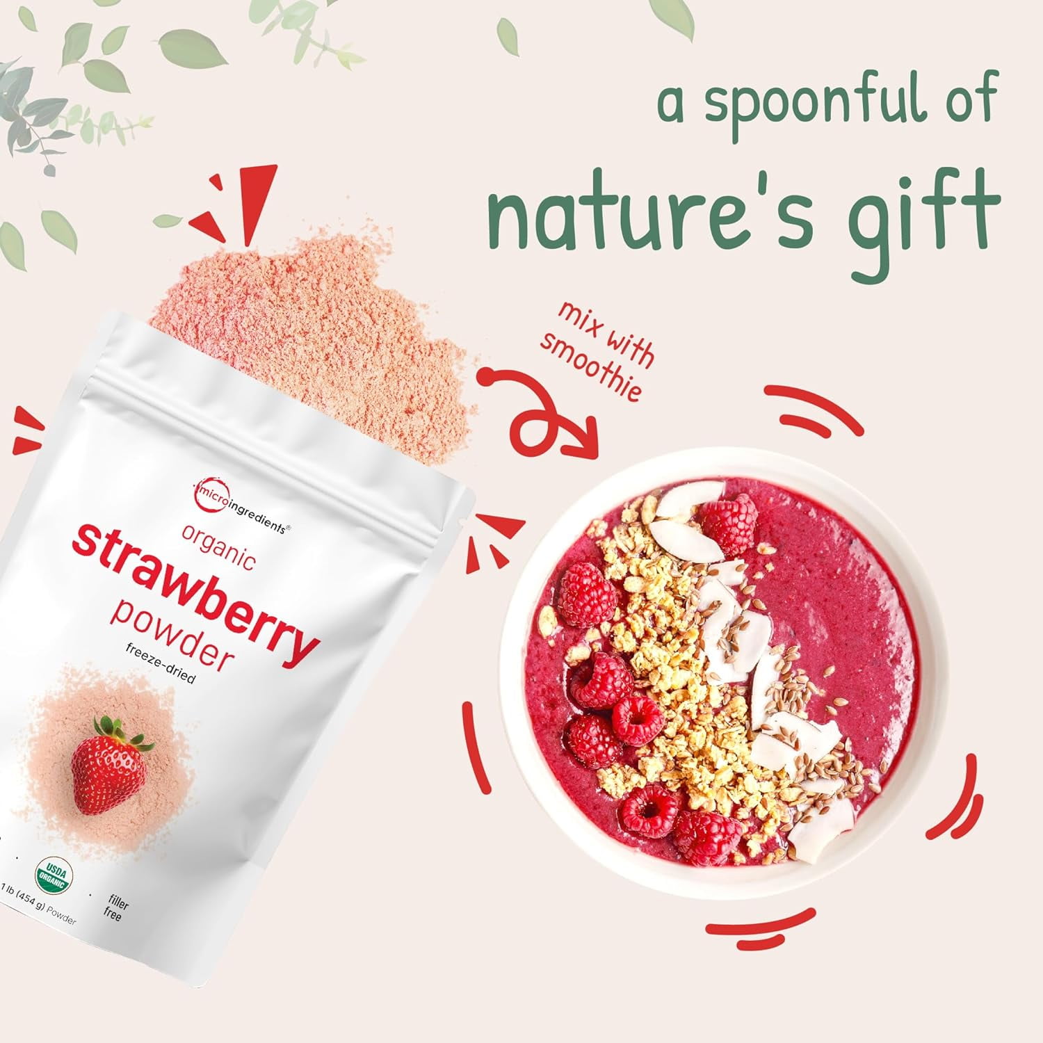 Micro Ingredients Organic Strawberry Powder, 16 Ounce | Freeze-Dried Source, No Sugar & Additives