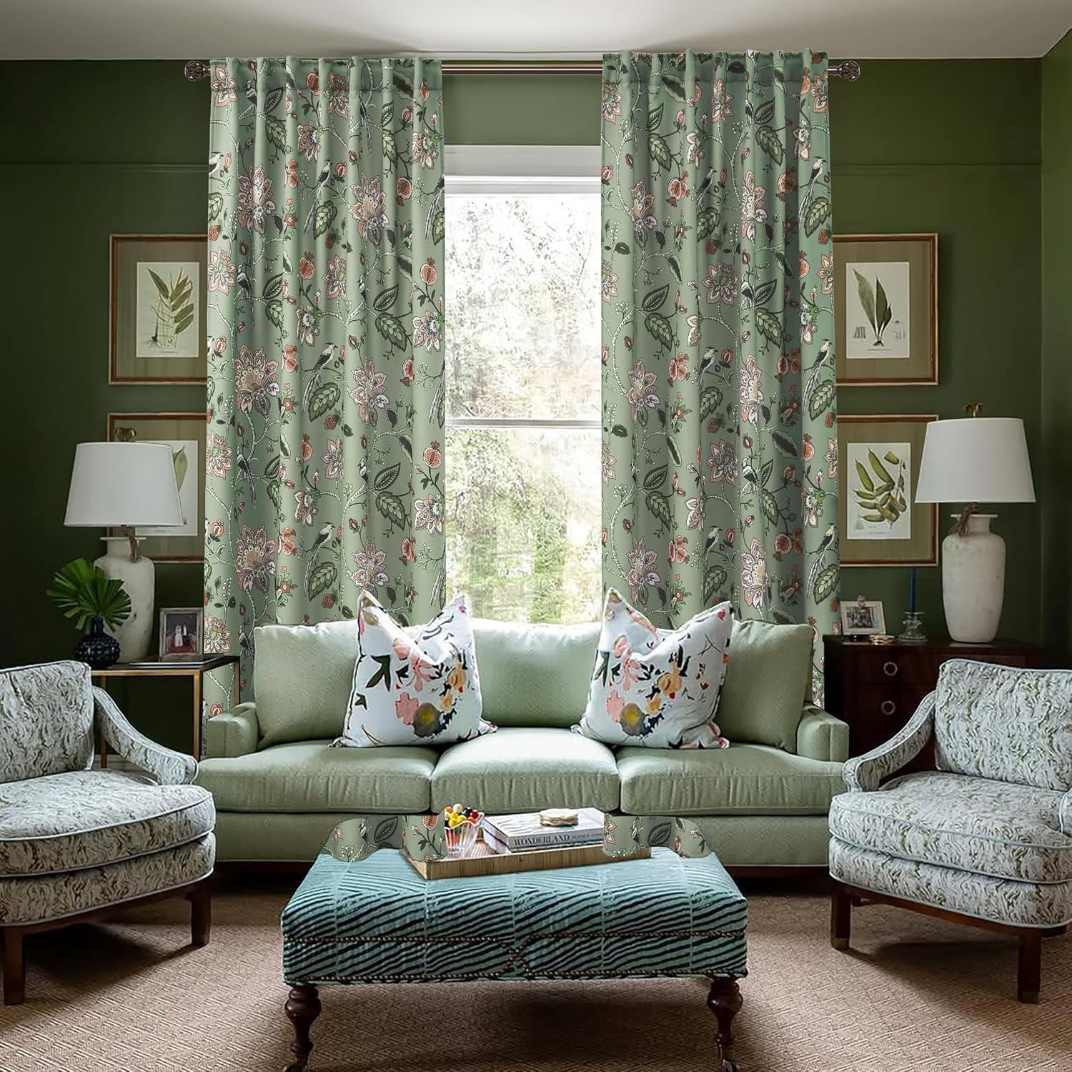 Cute Blackout Curtains 63 Inch Long for Bedroom,70% Black Out Room Darkening Rod Pocket Vintage Boho Floral Pattern Sage Green Coral Fruit Plant Vine Curtains for Living Room 63 in Length 2 Panel Set