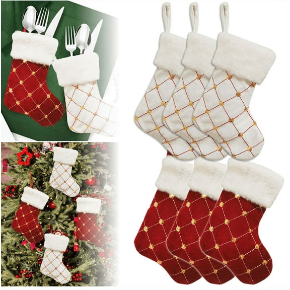 6Pcs Christmas Tableware Silverware Holders Set, Red Knitted Christmas Stockings Knife and Fork Bags Covers for Thanksgiving New Year Party Decorations Xmas Dinner Table Decor Ornaments 9inch
