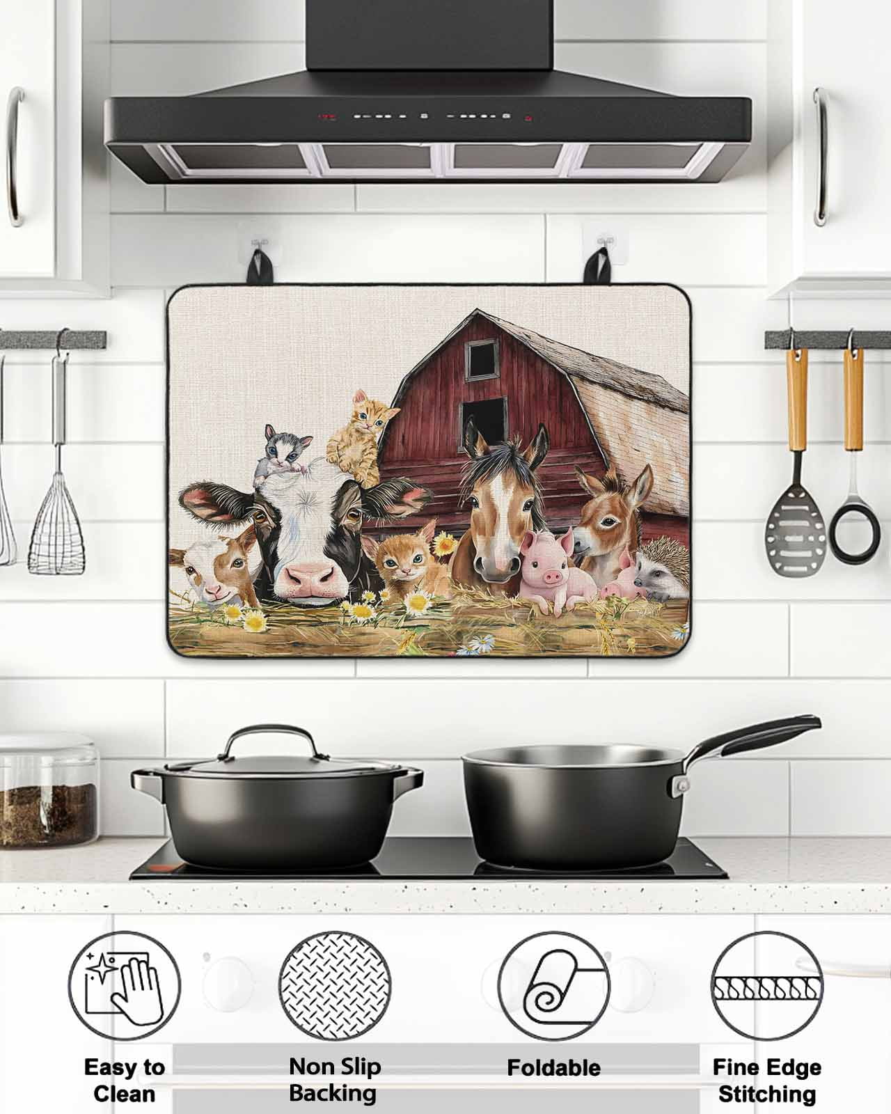 Farm Stove Top Covers for Electric Stove, 28'x20'' Barn Horse Sheep Cat Animal Country Retro Linen Background Glass Ceramic Stove Cover Foldable Rubber Mat Cooktop Protector for Kitchen