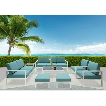 Superjoe 8 Pcs Outdoor Patio Furniture Set Aluminum Conversation Set Sectional Sofa Sets With Table and Ottoman White