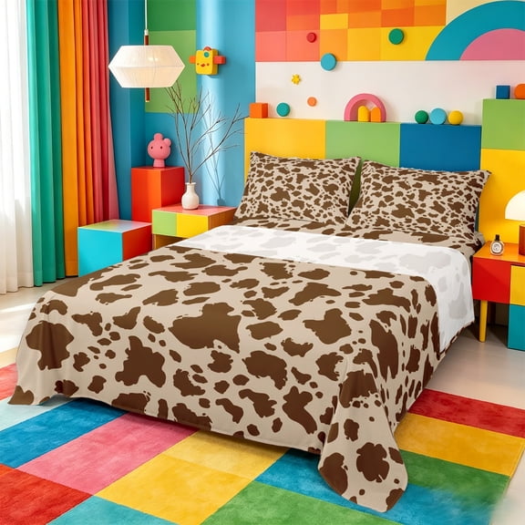 meiyoeat Brown Cow Print Bed Sheets For Boys,Rustic Farmhouse Full Size Sheets,4-Piece,1 Flat Sheet,1 Fitted Sheet and 2 Pillowcases