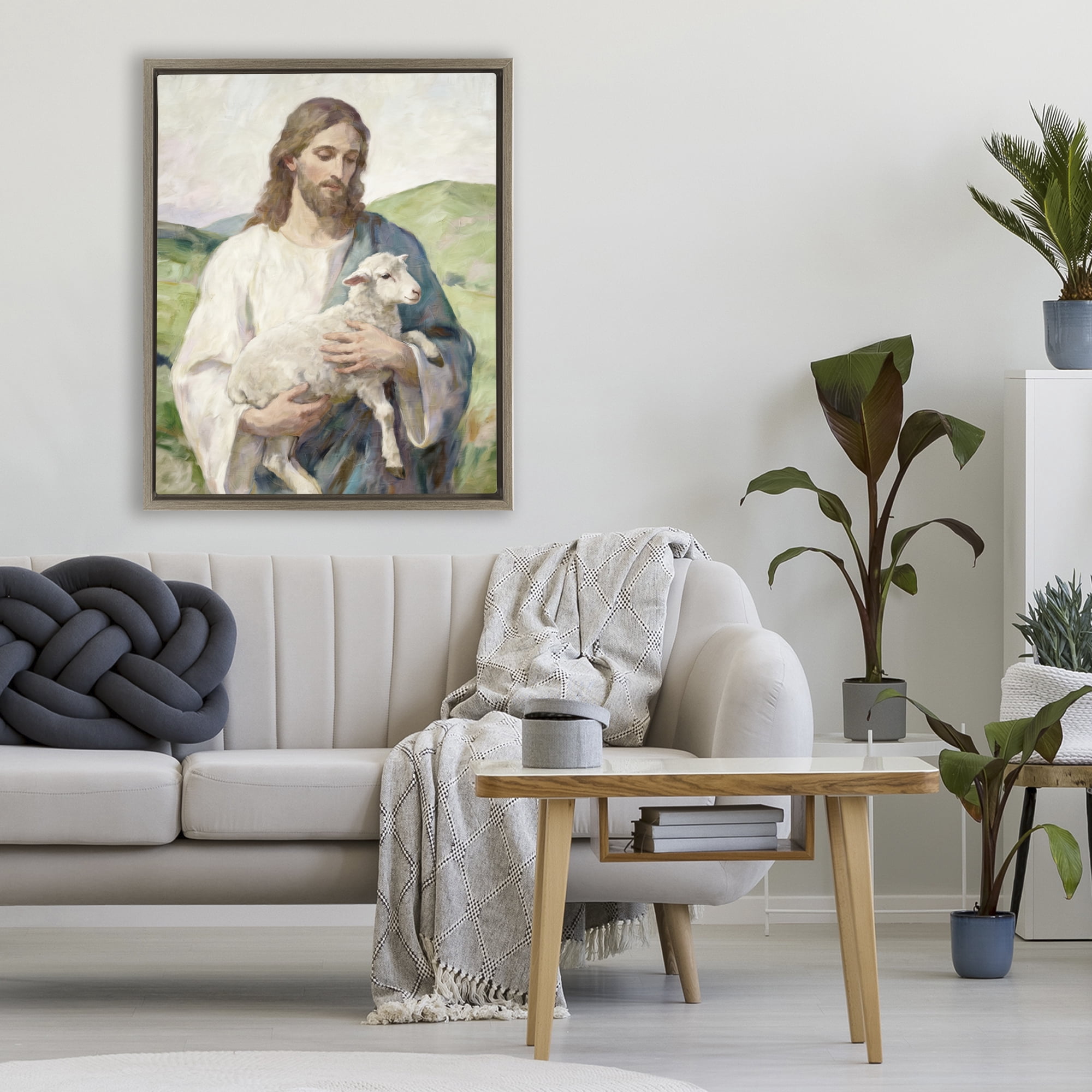 Stupell Industries Little Lamb & Spiritual Figure Brown Framed Floater Canvas Wall Art, design by Kim Allen