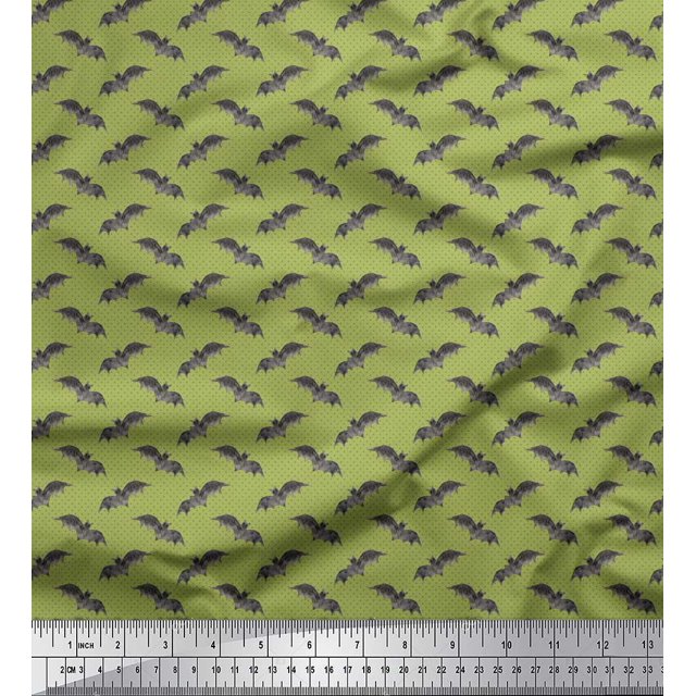 Soimoi Green Silk Fabric Dot & Bat Animal Printed Fabric 1 Yard 42 Inch Wide