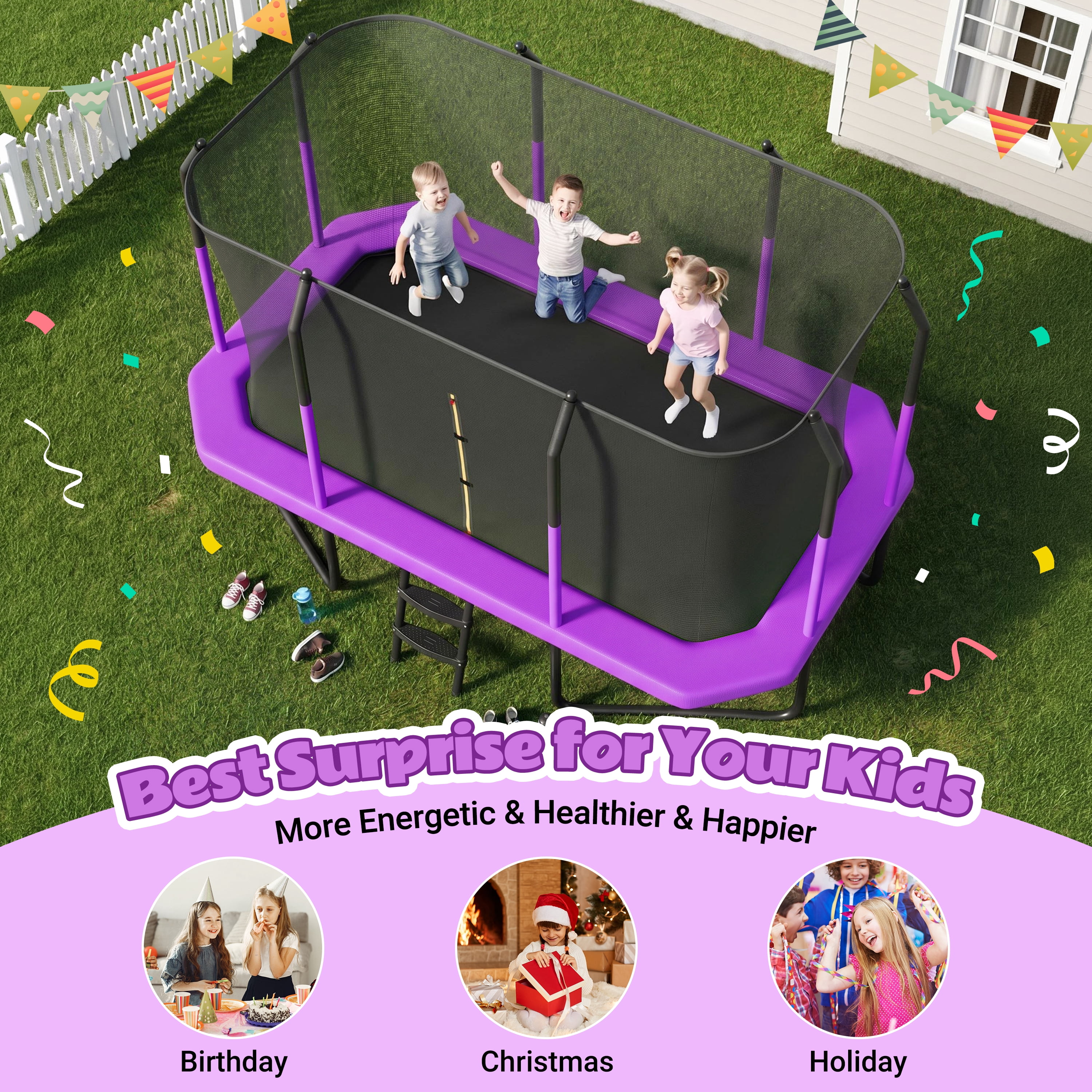 EUROCO 8X14FT Large Rectangle Outdoor Trampoline with Weather-Resistant Enclosure Net and Ladder, Maximum Load Capacity Backyard Jump Pad for Family