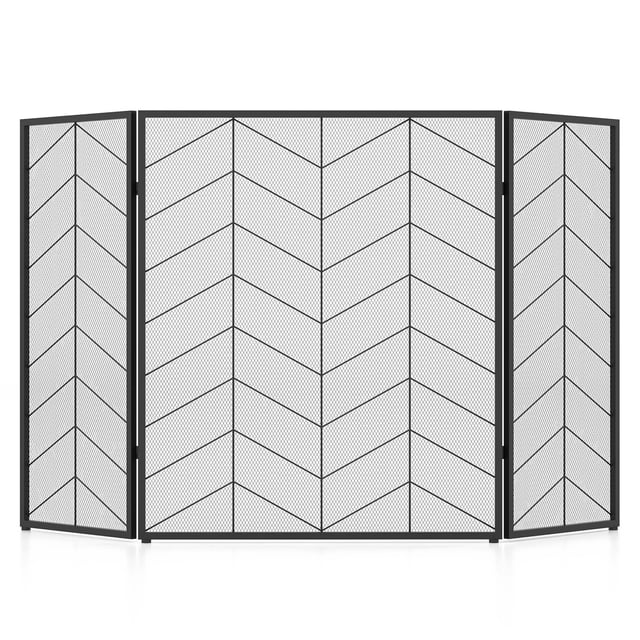 Costway 132 cm x 79 cm Pantalla de Chimenea de Metal Transparente de 3 Paneles, Rejilla Protectora contra Chispas de Fuego Plegable con Patrón de Chevrón, Malla Protectora contra Incendios, Negro