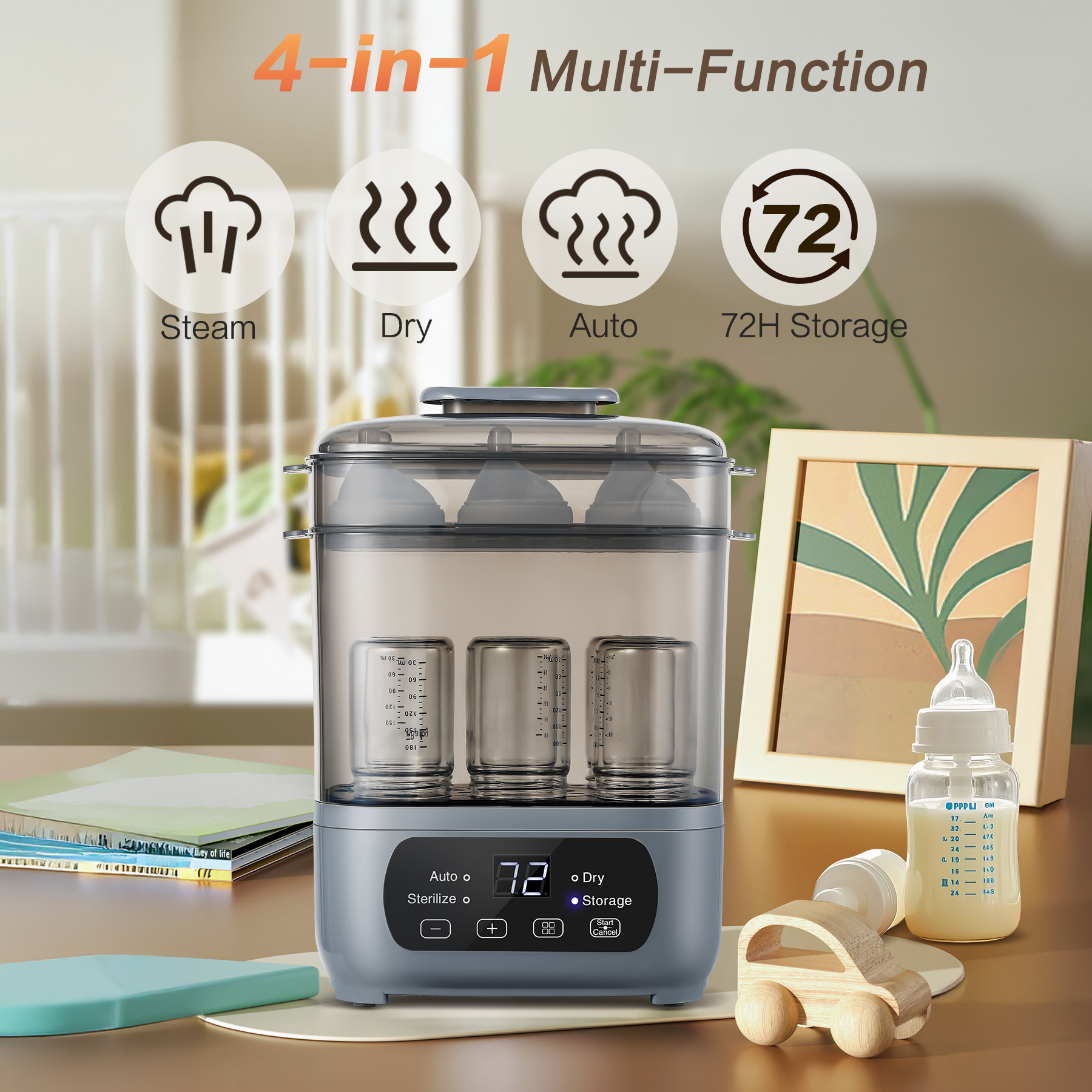 AMZBABYCHEF 4-in-1 Baby Bottle Sterilizer & Dryer: 72H Storage, 30-Min Dry, 6 Bottles + Accessories, FDA/CPC, 99.99% Germ-Free‌