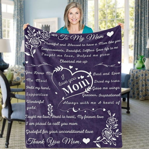 LHSHID Mother Blanket Gifts Purple Mom Throw Blanket Cozy Flannel Blanket for Mom Soft I Love You Mom Blanket from Daughter Son Fluffy Fleece to My Mom Blanket for Mama Women Mothers Day Birthday