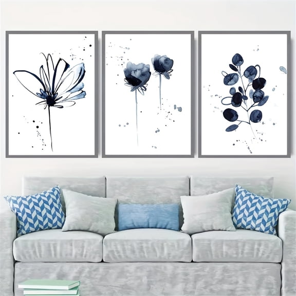 3pcs set of unframed blue watercolor leaf and flower art canvas paintings, modern abstract posters, plant rose ink wall art prints, elegant aesthetic wall pictures, Nordic art pictures, suitable for