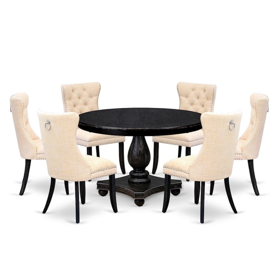 Luxe by East West Furniture 7-Piece Dining A Wooden Table And 6 Light Beige Linen Fabric Dinning Chairs