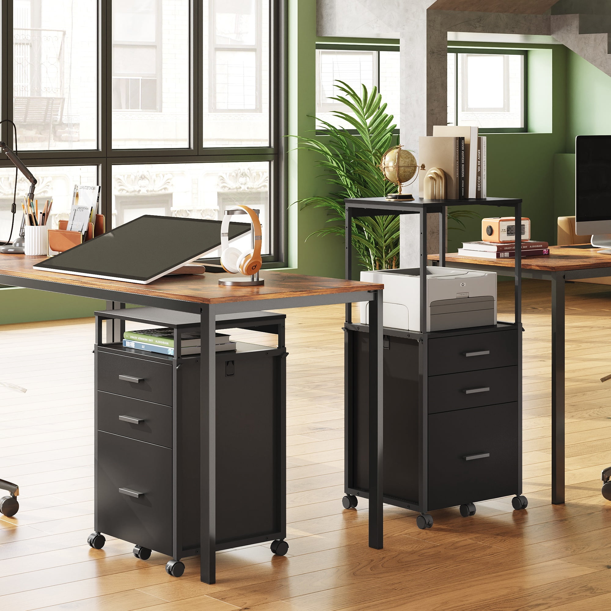 GALAXHERO Wood File Cabinet with 3 Drawers, Mobile Printer Stand with Adjustable Height for Home Office, Black