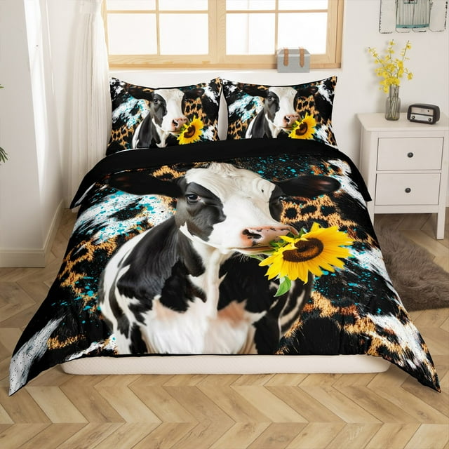 Erosebridal Housse de Couette Animaux Vache Grand Lit, Ensembles de Literie Tournesol Rustique Format Grand Lit, Déco Guépard Léopard, Réversible 3 Pcs