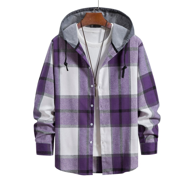 Hfyihgf Mens Flannel Plaid Hoodie Shirts Trendy Quilted Lined Loose Fit Casual Button Down Shirts Long Sleeve Lightweight Jacket Coat Purple XL