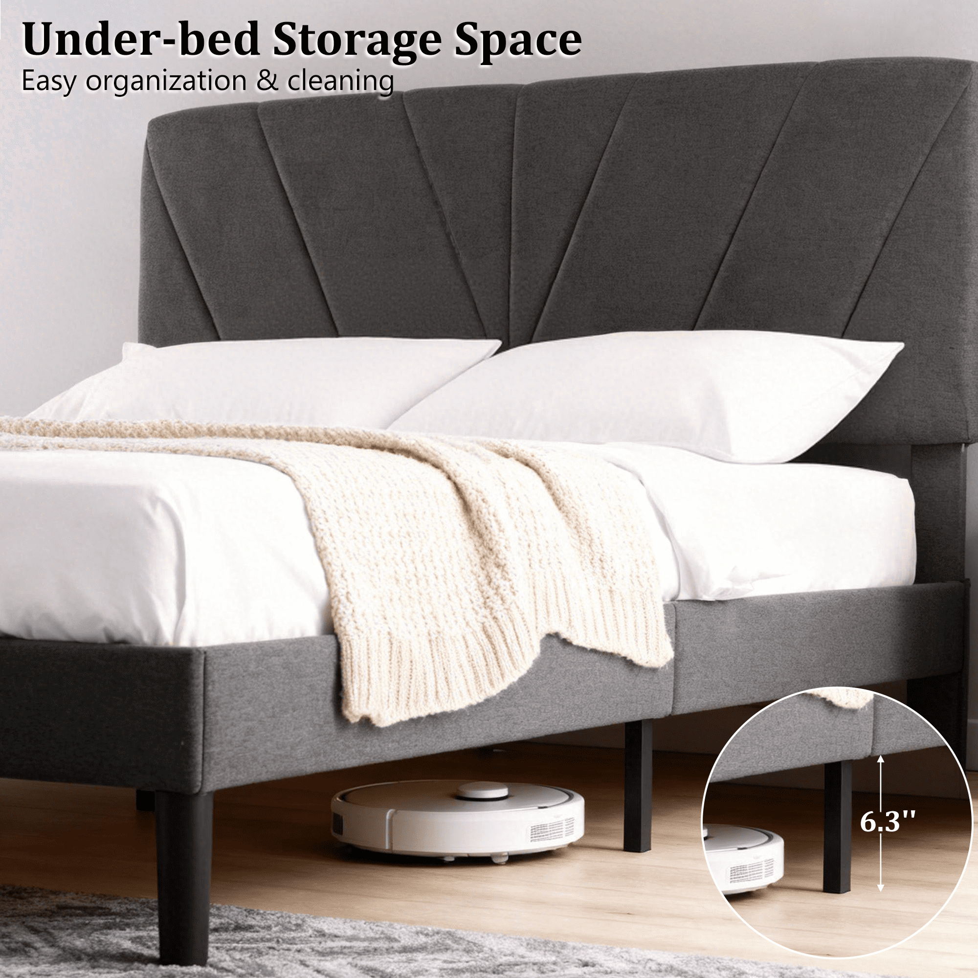 EDX Queen Bed Frame with Upholstered Adjustable Headboard, Heavy Duty Platform, No Box Spring, Grey
