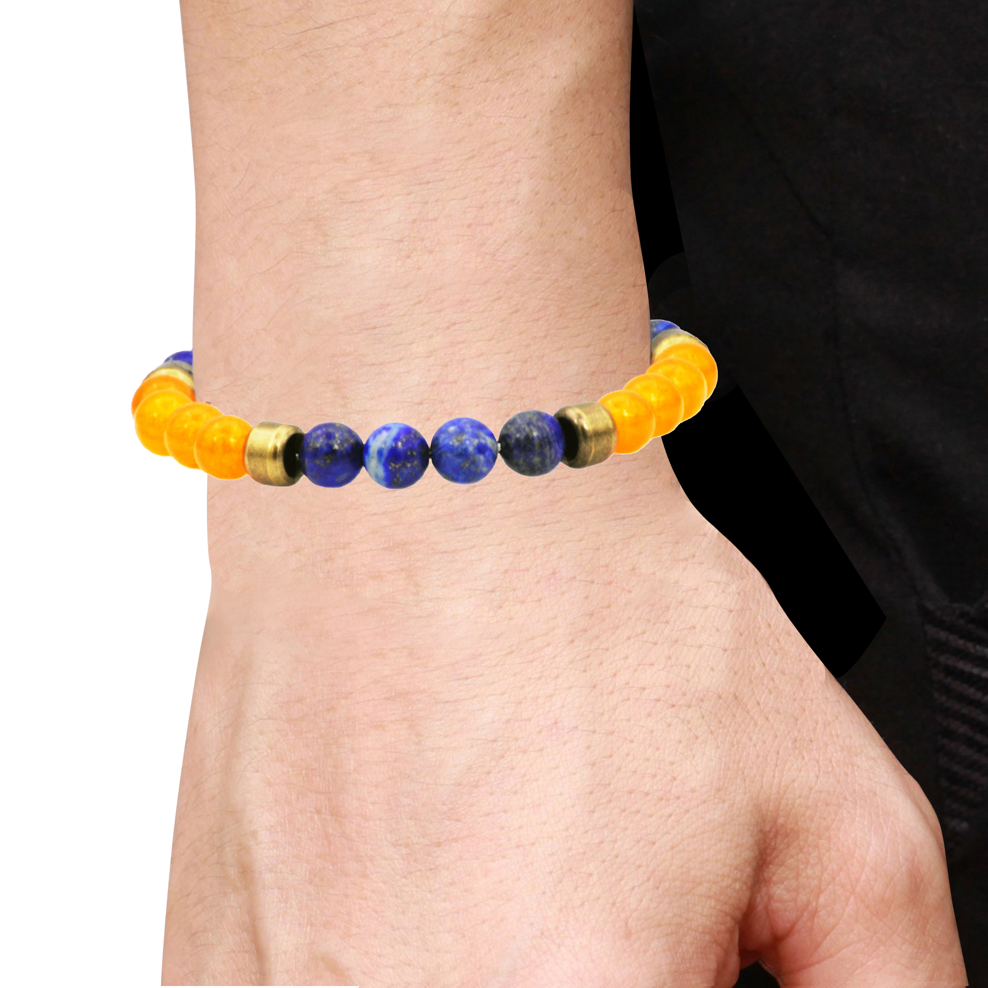 Arista Genuine Lapis Lazuli and Orange Carnelian Beaded Men's Bracelet in Gold Plated Stainless Steel, 8"