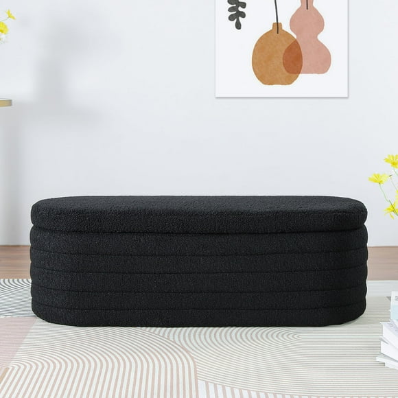 OuchTek Sherpa Bedroom Storage Bench Boucle Black Ottoman with Storage Teddy Window Bench Oval Modern Bench for End of Bed, W6701