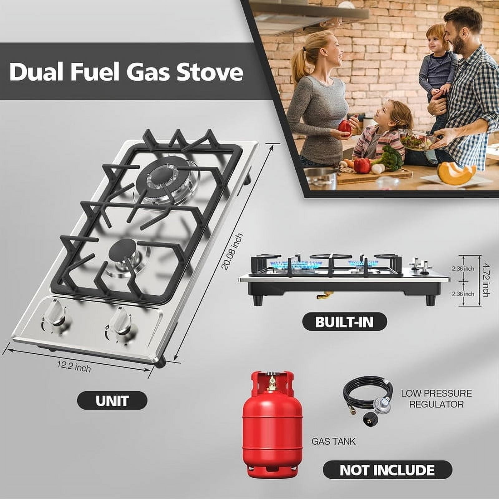 VBGK 2 Burner Gas Cooktop, 12-inch Stainless Steel Dual Fuel Propane Stove with Thermocouple Protection for Home, Apartment, and Outdoor Cooking