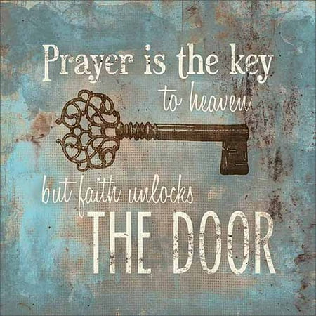 Religious Canvas - Prayer Is The Key Distressed Burlap Religious Typography Painting Blue & Tan Canvas Art by Pied Piper Creative