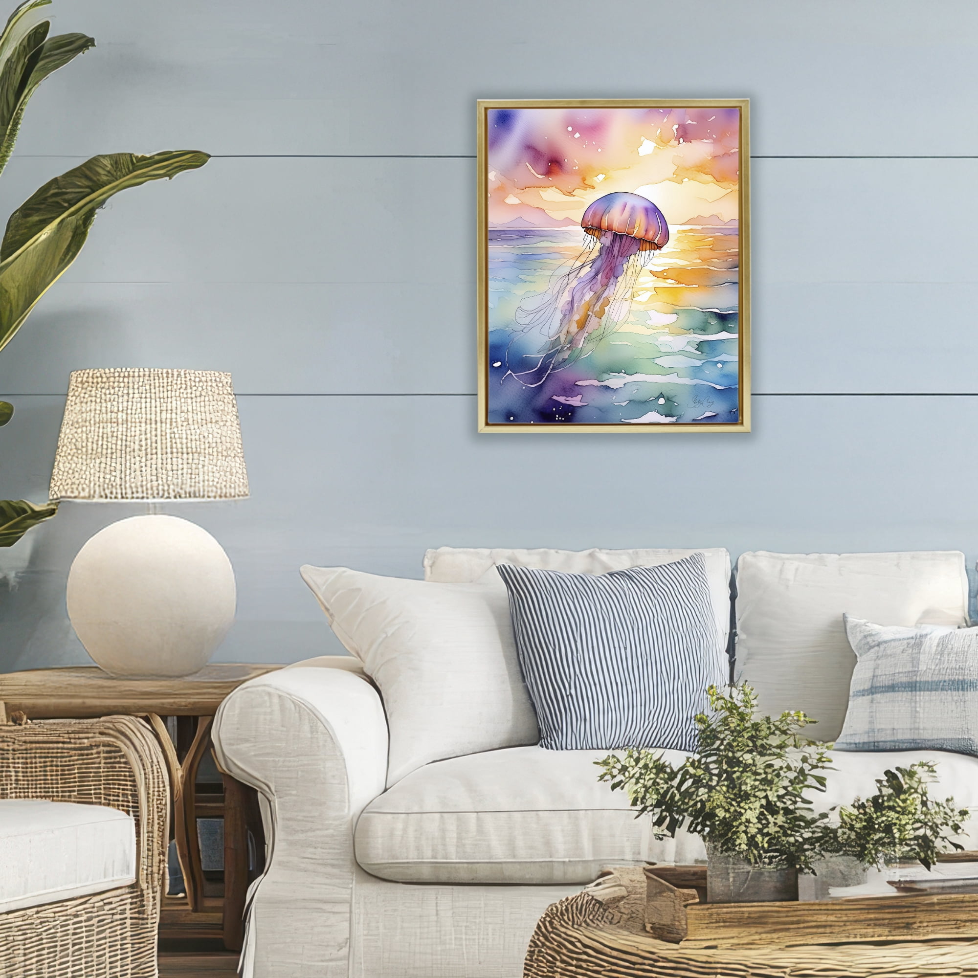 Stupell Industries Celestial Drift Jellyfish Gold Framed Floater Canvas Wall Art, design by Shelly Craig