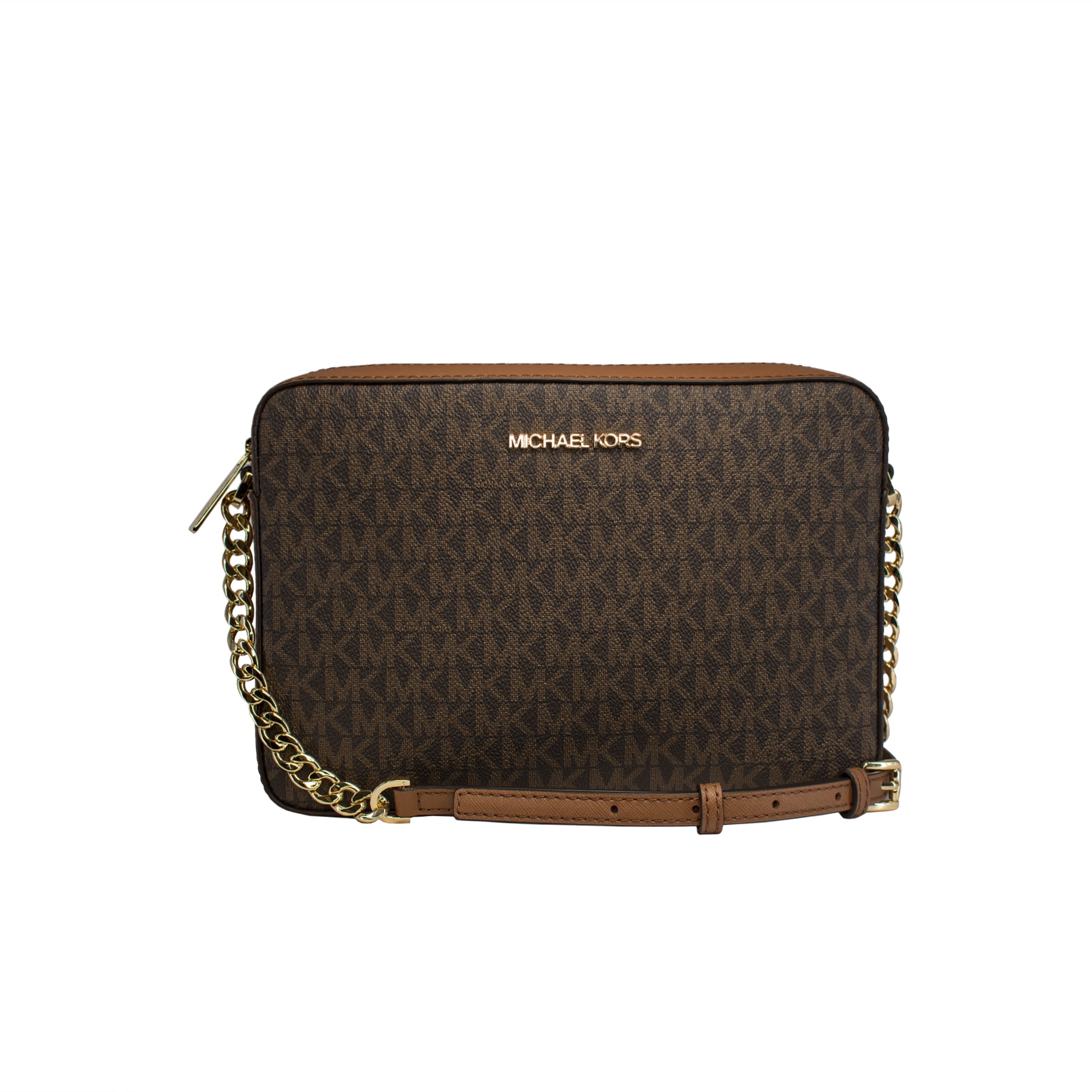 Kors Women's Jet Set Large East West Crossbody Handbag Saffiano Brown Signature/Gold - Walmart.com