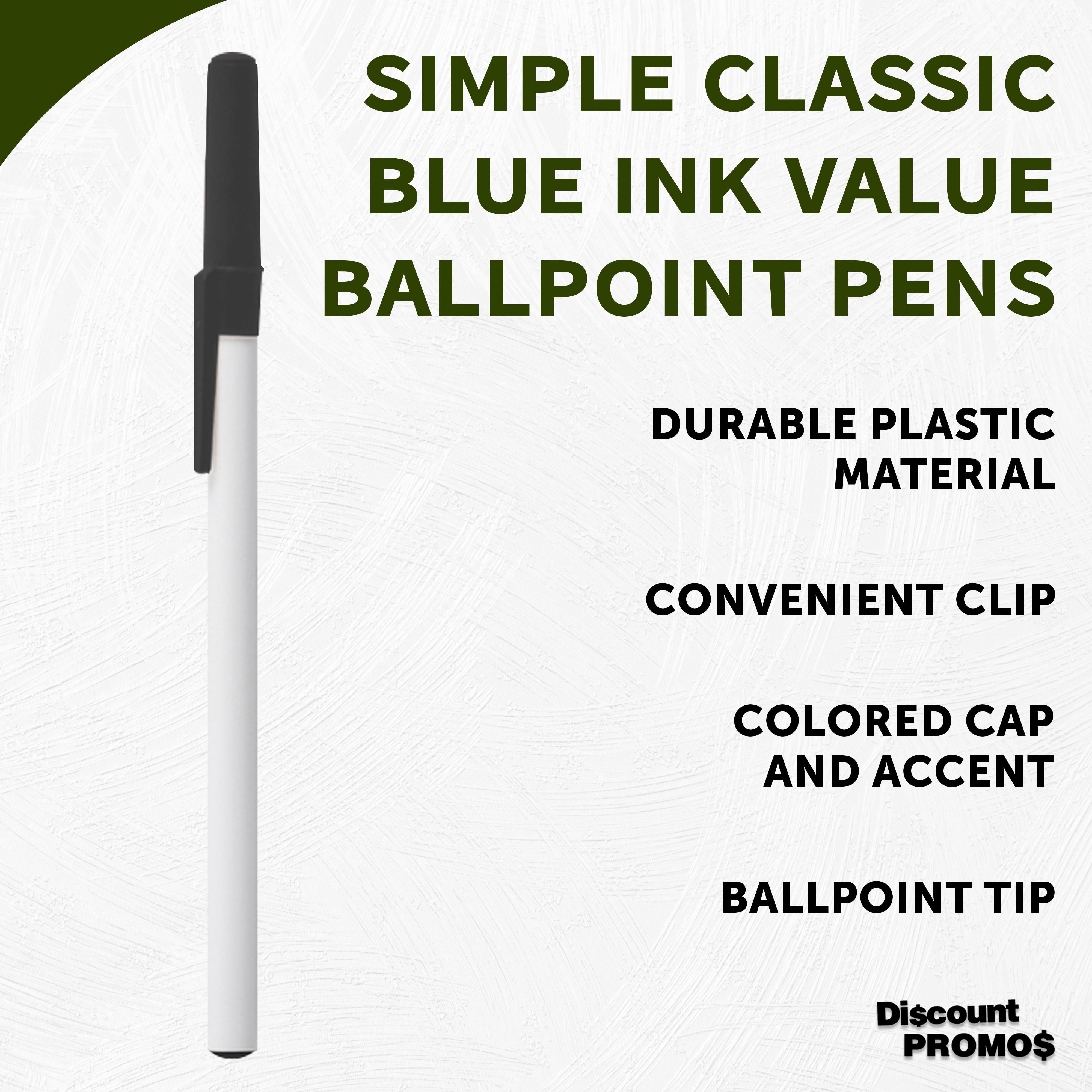 Blue Ink Value Ballpoint Pens - Black Cap, Blue Ink