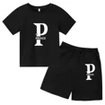thumbnail image 4 of Conjunto de 2 piezas de camiseta y pantalones cortos de algodón con letras simples vintage de verano 2024 para niños, moda de tendencia para bebés y niñas, 4 of 5