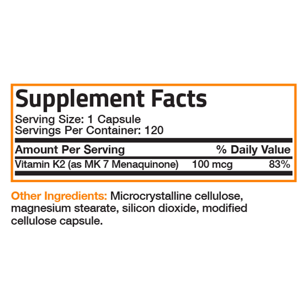 Bronson Vitamin K2 as MK-7 Menaquinone 100 mcg (per serving) - Non-GMO, Gluten Free, Soy Free, 120 Capsules - image 3 of 3