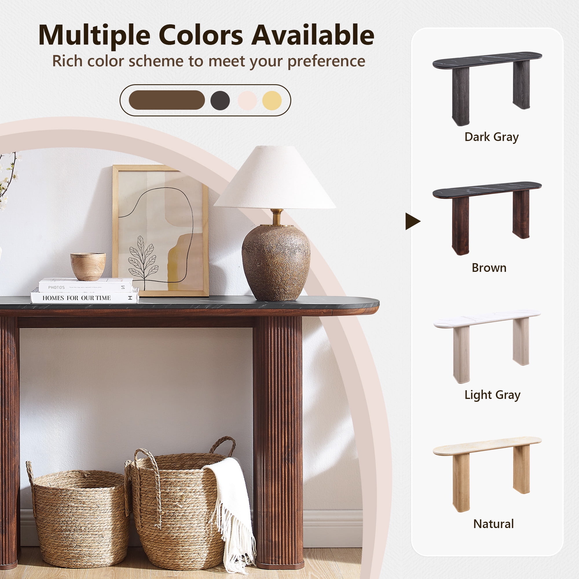 KeyWhat 63" Entryway Console Table with Fluted Wood Base, Modern Sofa Table Behind the Couch for Living Room, Hallway, Entrance, Foyer, Dark Walnut