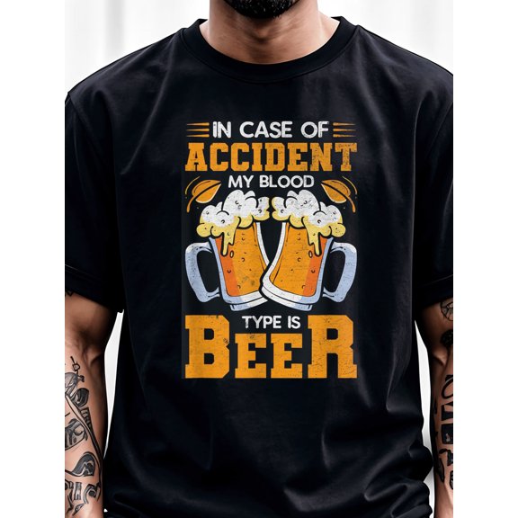 Men's "In Case of Accident My Blood Type is Beer" Humorous Graphic T-Shirt - Black Short Sleeve Casual Tee with Orange Print, Regular Fit, Machine Washable, Funny Drinking Gift for Be Transfer Print